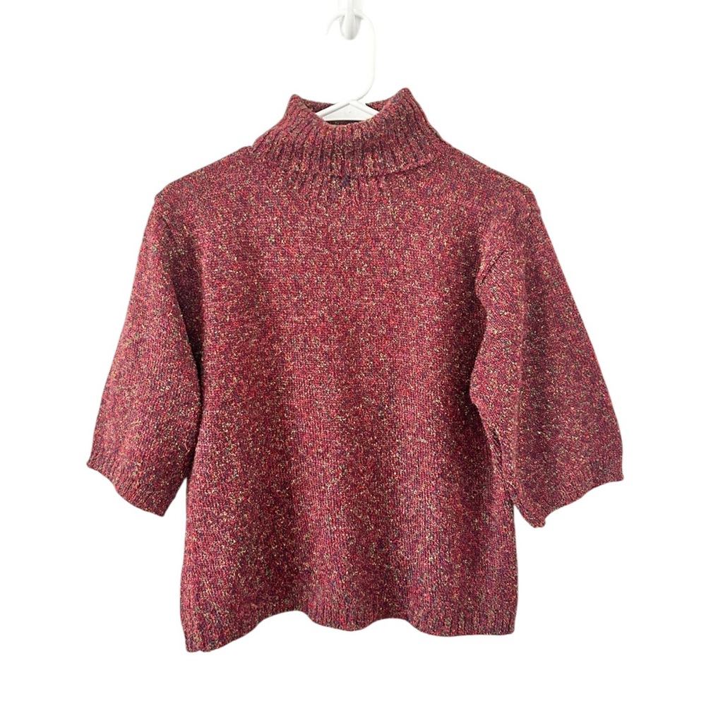 Bentley Arbuckle Vintage 90s‎ Red Confetti Turtleneck Short Sleeve Sweater